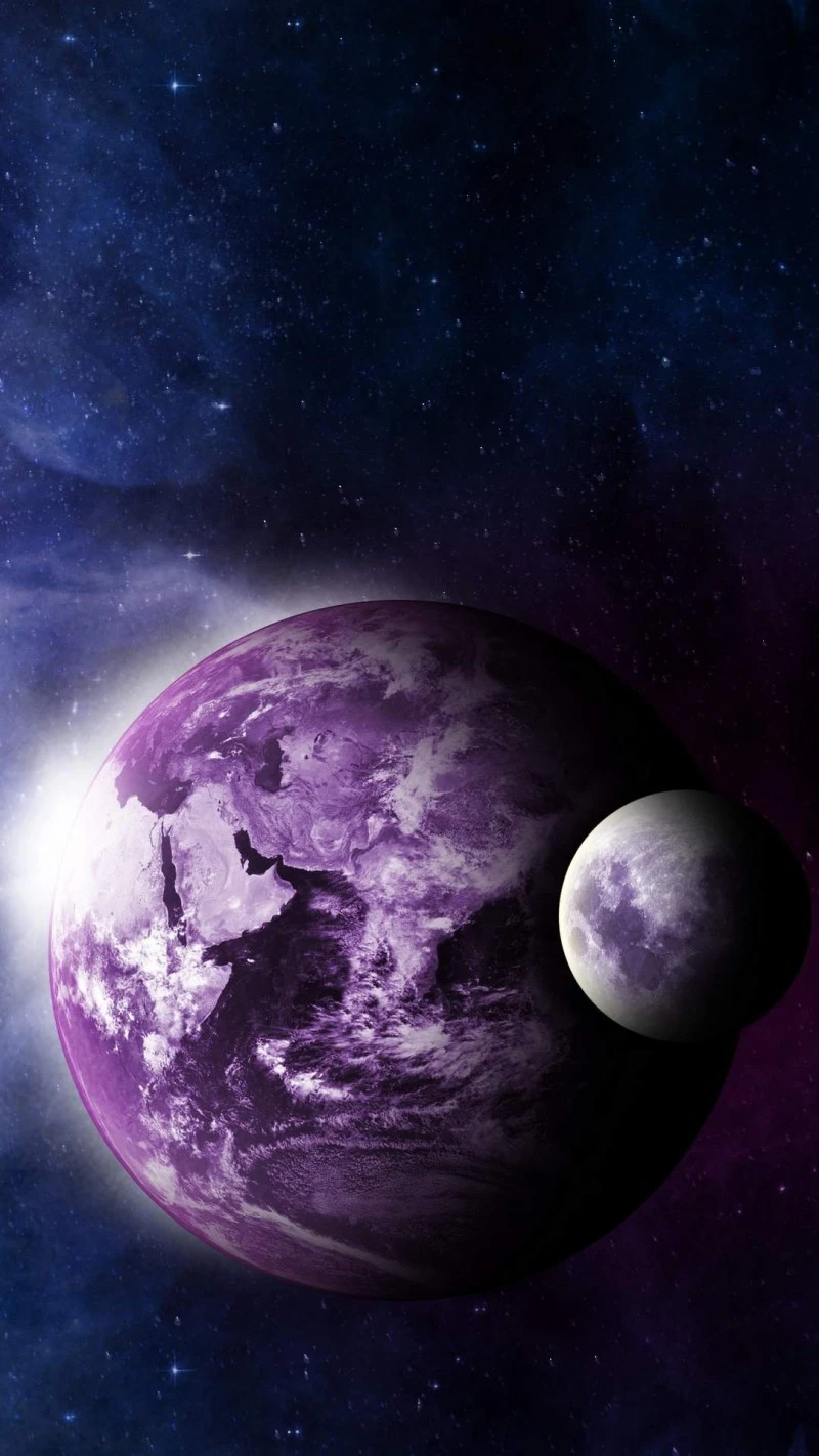 Purple Earth and Moon in Cosmic Embrace 4K Mobile Wallpaper