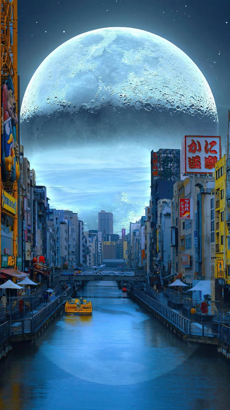Enormous Moon over Dotonbori Canal 4K Mobile Wallpaper