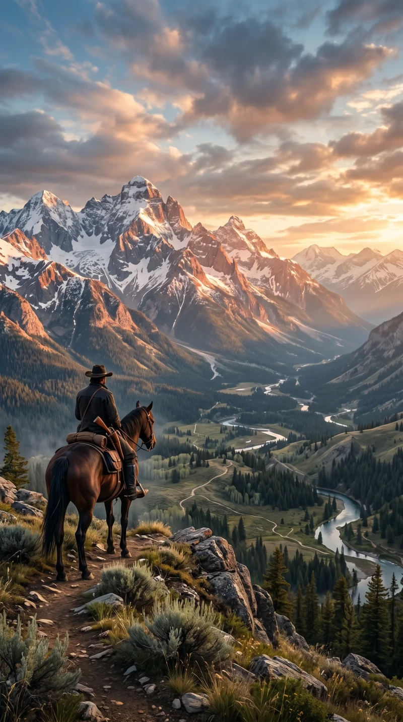 Breathtaking Western Landscape With Snowy Mountains And River 4K Red dead Wallpaper