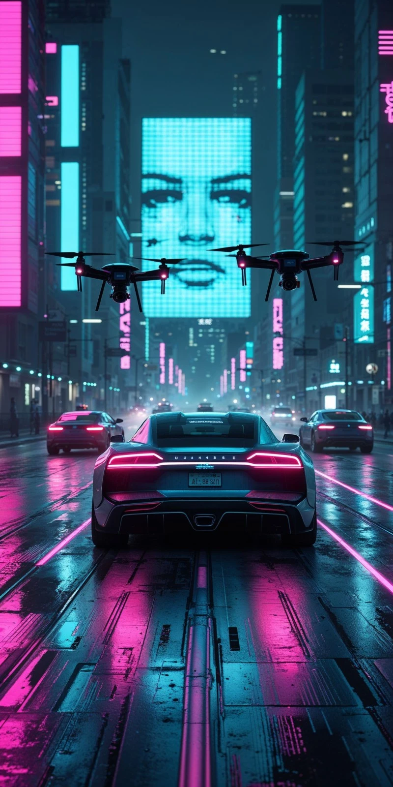 AI-Generated Cyberpunk Cityscape: Futuristic Cars and Drones 4K Mobile Wallpaper