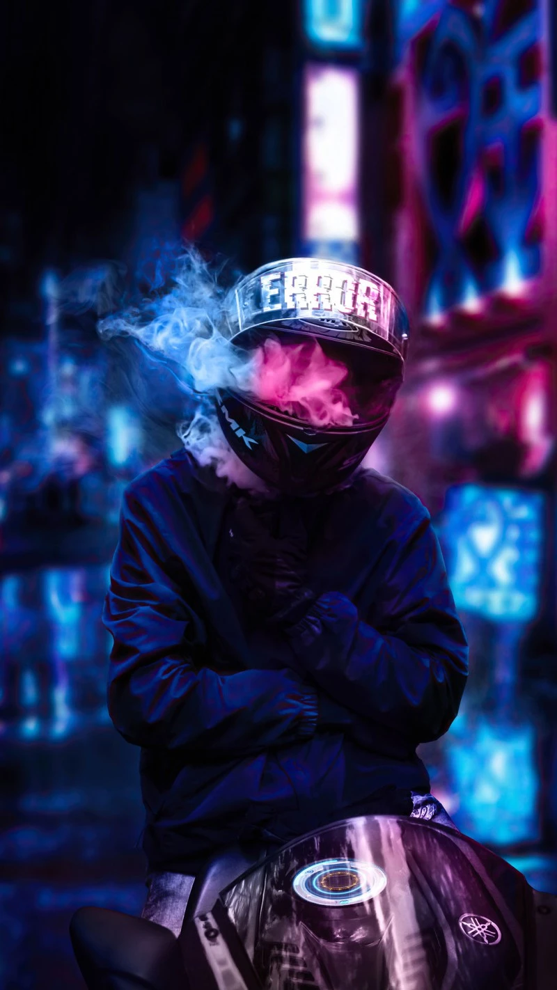 Cyberpunk Motorcyclist in Neon City 4K Mobile Wallpaper