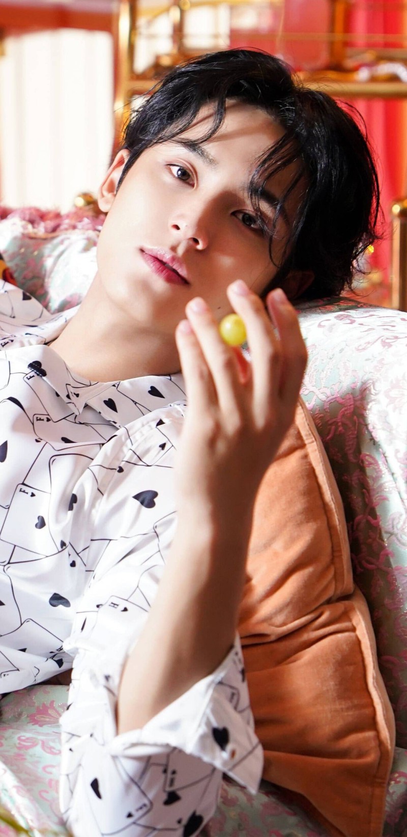 Mingyu Seventeen Relaxing with Grape Aesthetic Wallpaper 4K Event Wallpaper