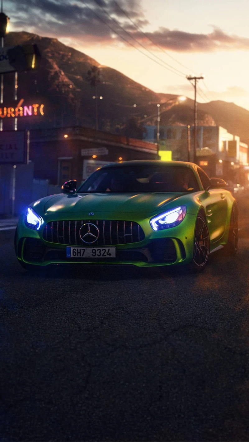Green Mercedes-AMG GT at Sunset 4K Mobile Wallpaper