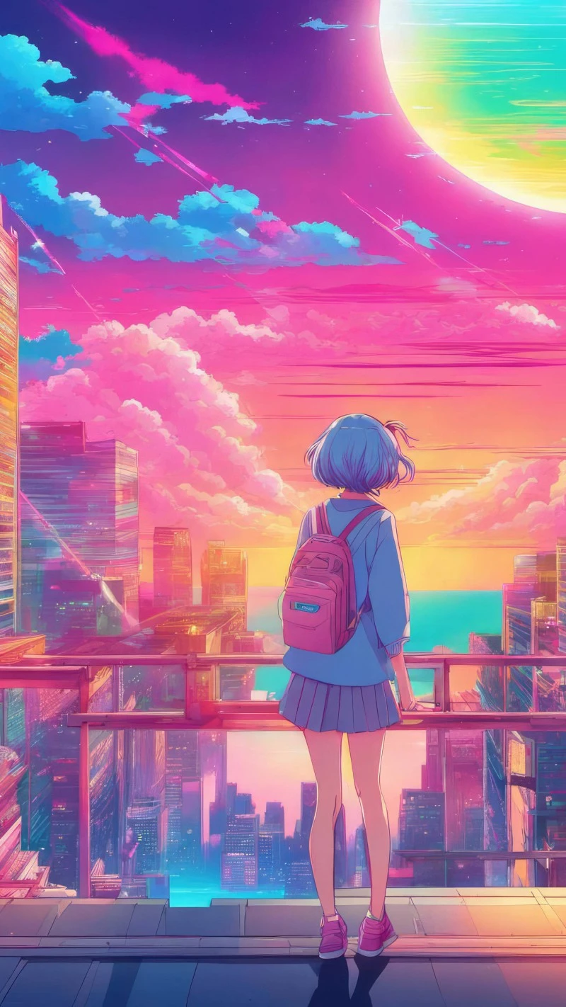 Anime Girl Sunset Cityscape 4K Mobile Wallpaper