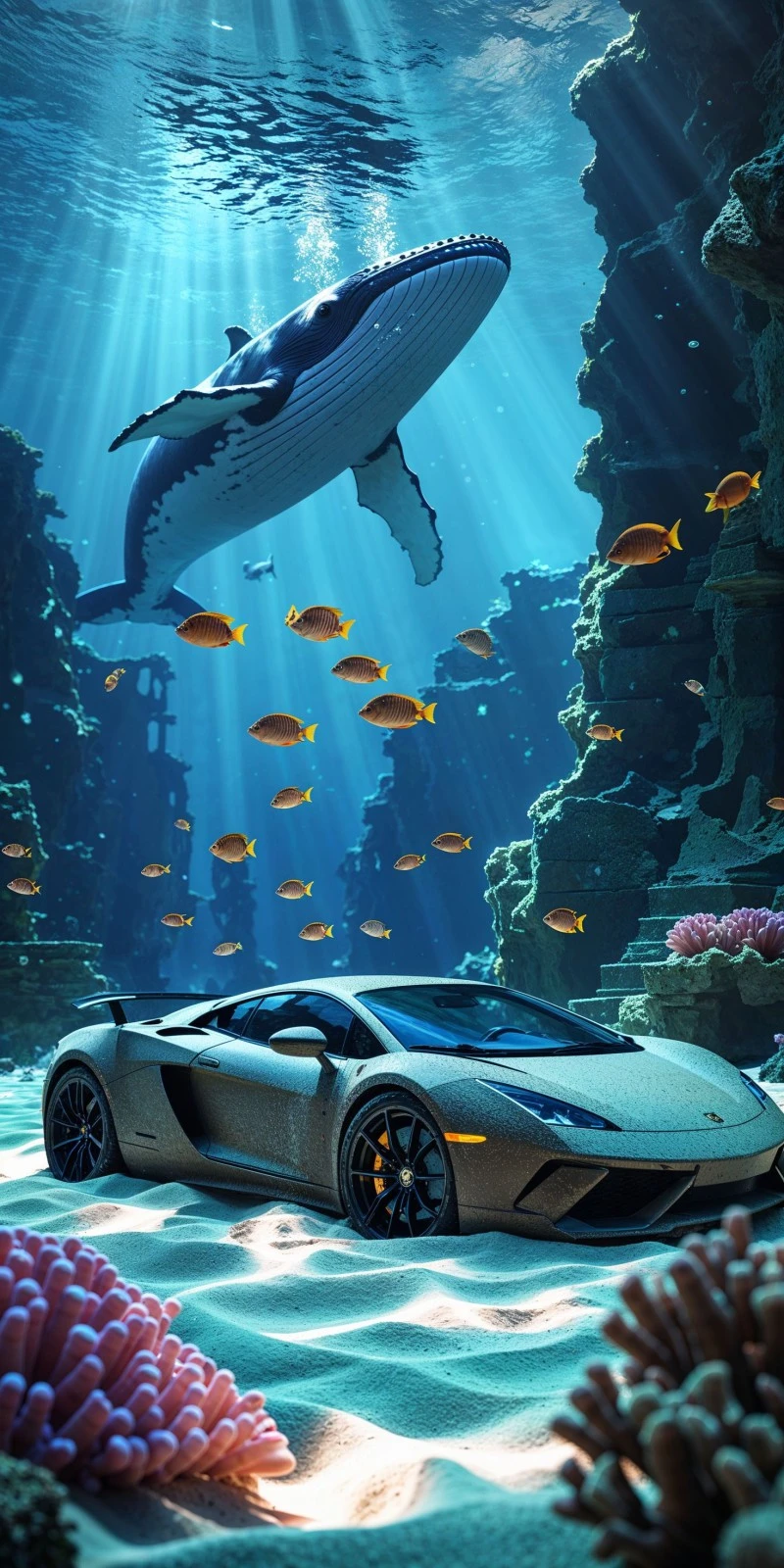 AI-Generated Underwater Scene: Sunken Lamborghini and Whale 4K Mobile Wallpaper