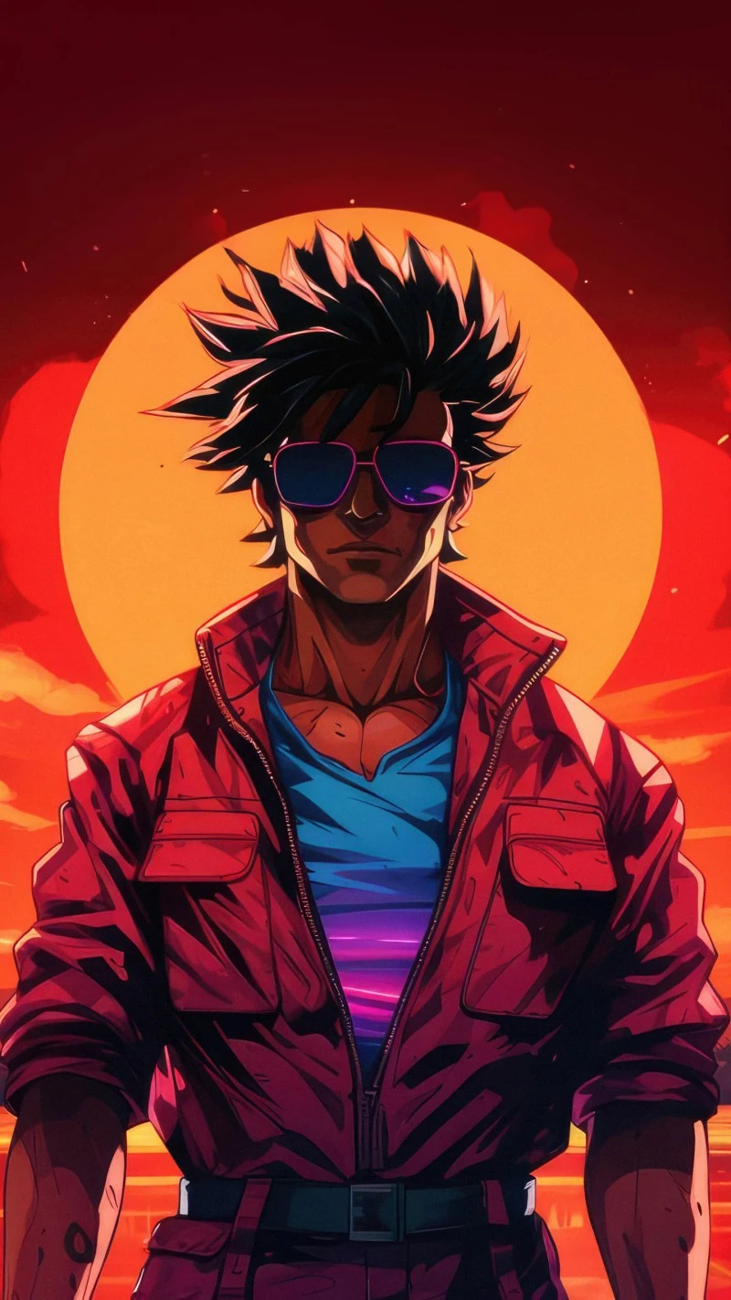 Retro Anime Man at Sunset 4K Mobile Wallpaper
