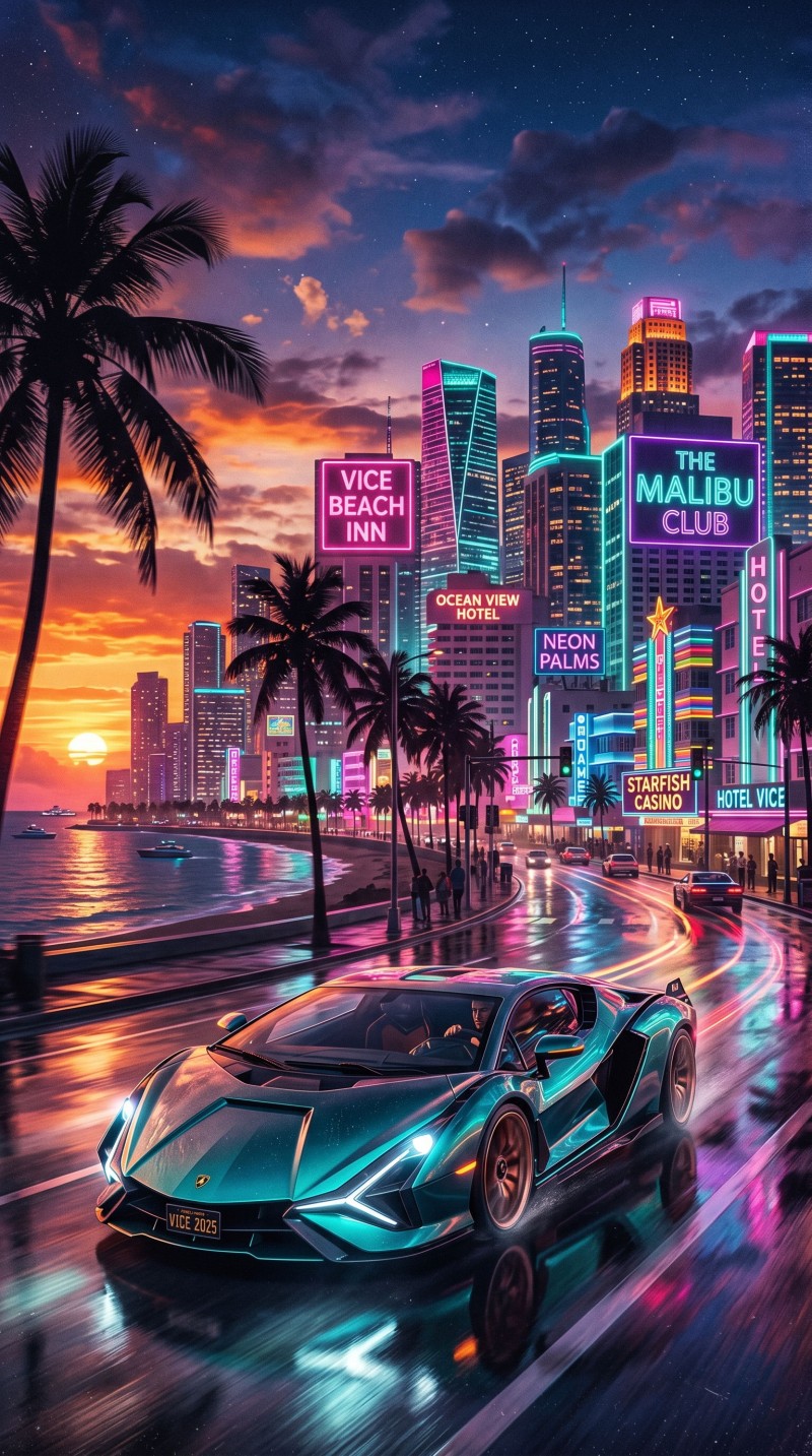 Vibrant Neon Cityscape with Sports Car at Dusk Style Illustration 4K Mobile Wallpaper