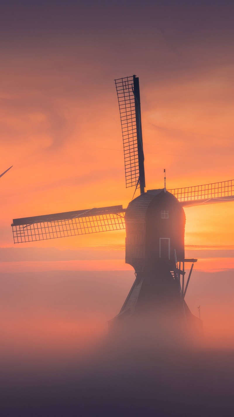 Dutch Windmill Sunrise Fog Golden Hour Landscape 4K Wind Wallpaper