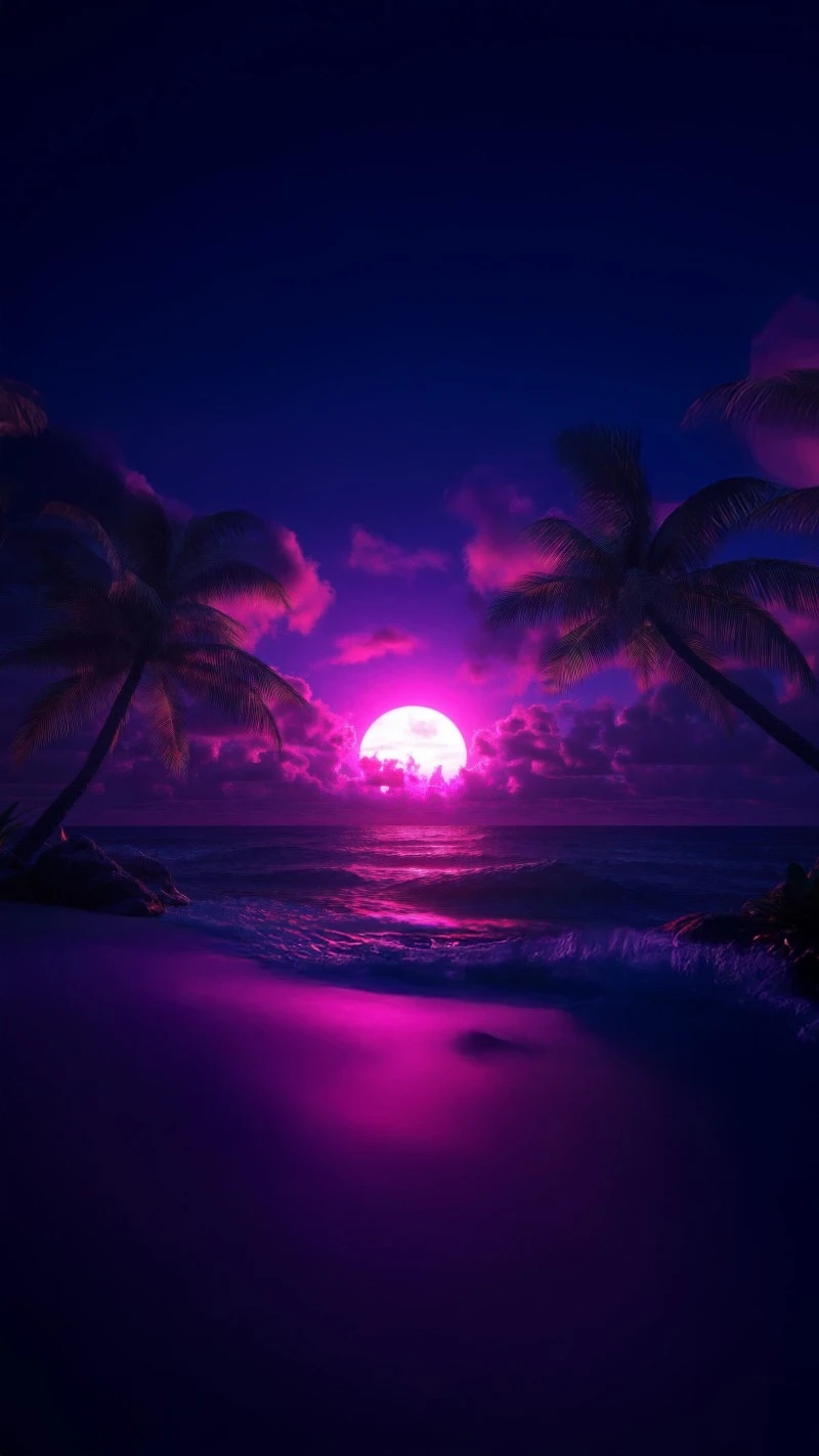 Pink Moonlit Beach Paradise 4K Mobile Wallpaper