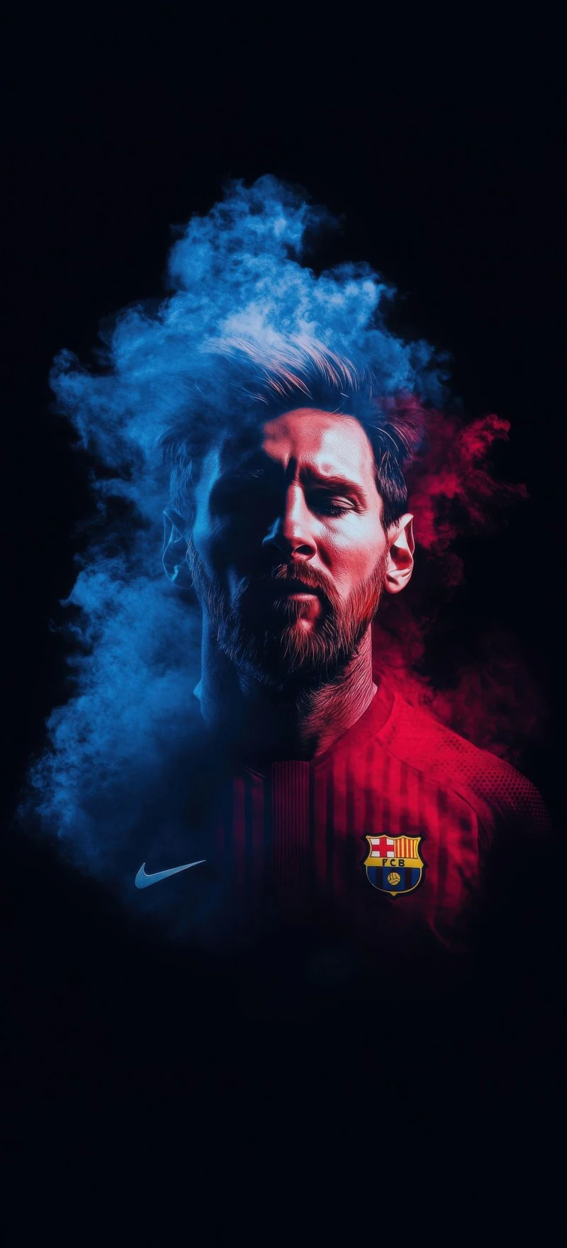Lionel Messi in Blue and Red Smoke 4K Mobile Wallpaper
