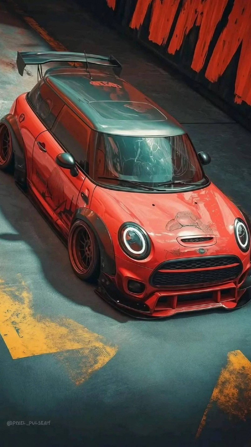 Top Down Red Mini Cooper Widebody Urban Wallpaper 4K Modified mini Wallpaper