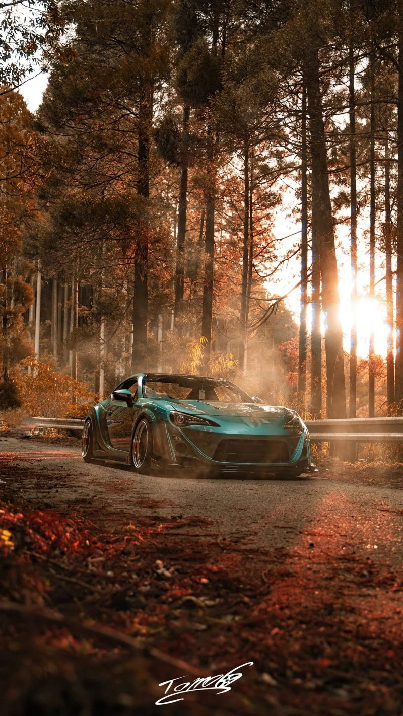 Scion FR-S in Autumn Forest 4K Mobile Wallpaper
