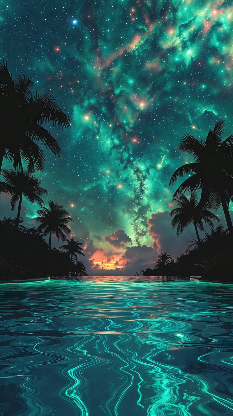 Emerald Nebula Glows Over Serene Tropical Waters 4K Emerald Wallpaper