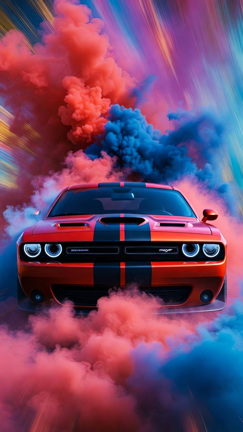 Red Challenger Racing Stripes Smoke Burst 4K Front Wallpaper
