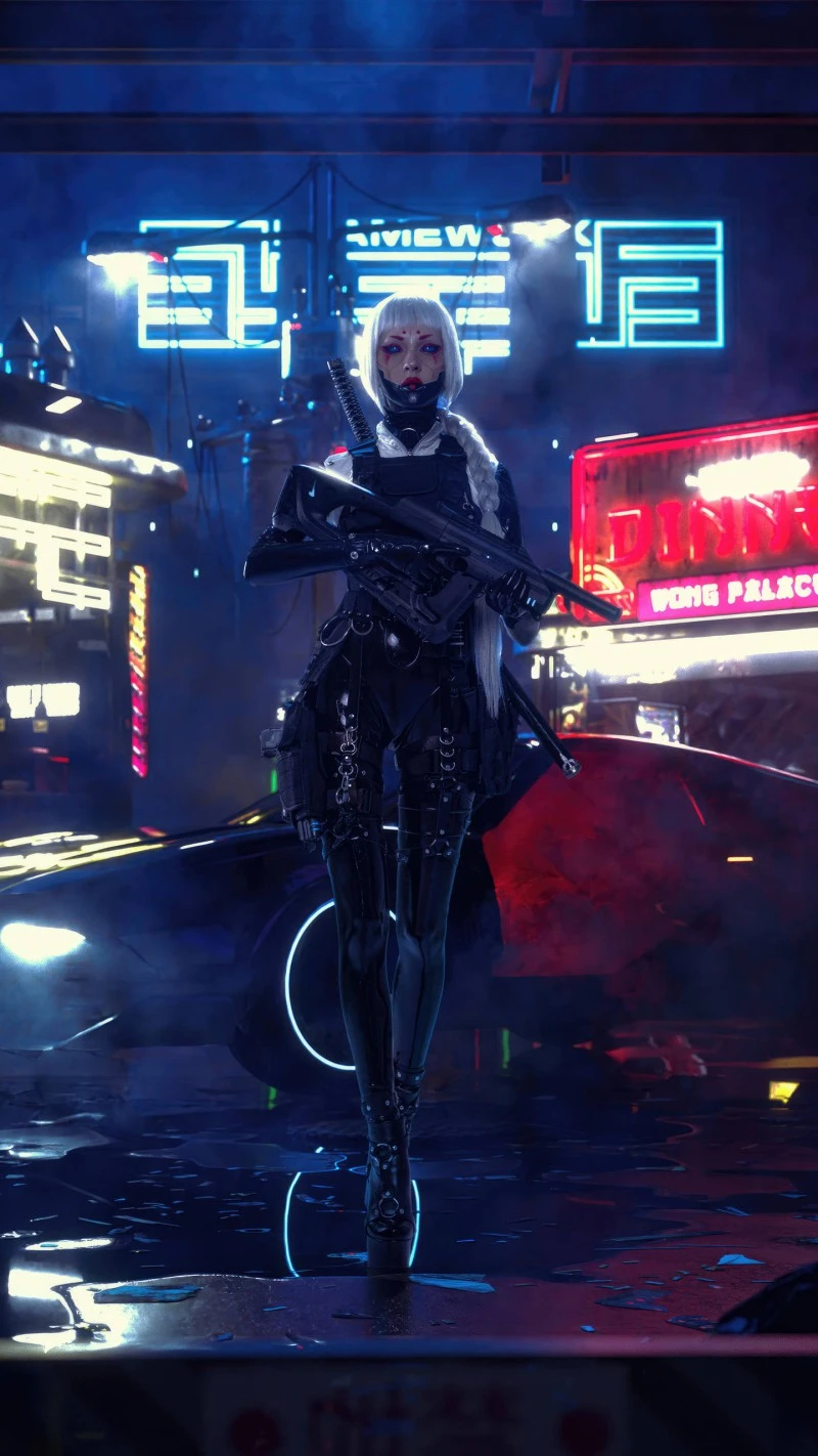 Cyberpunk Anime Girl with Weapon 4K Mobile Wallpaper