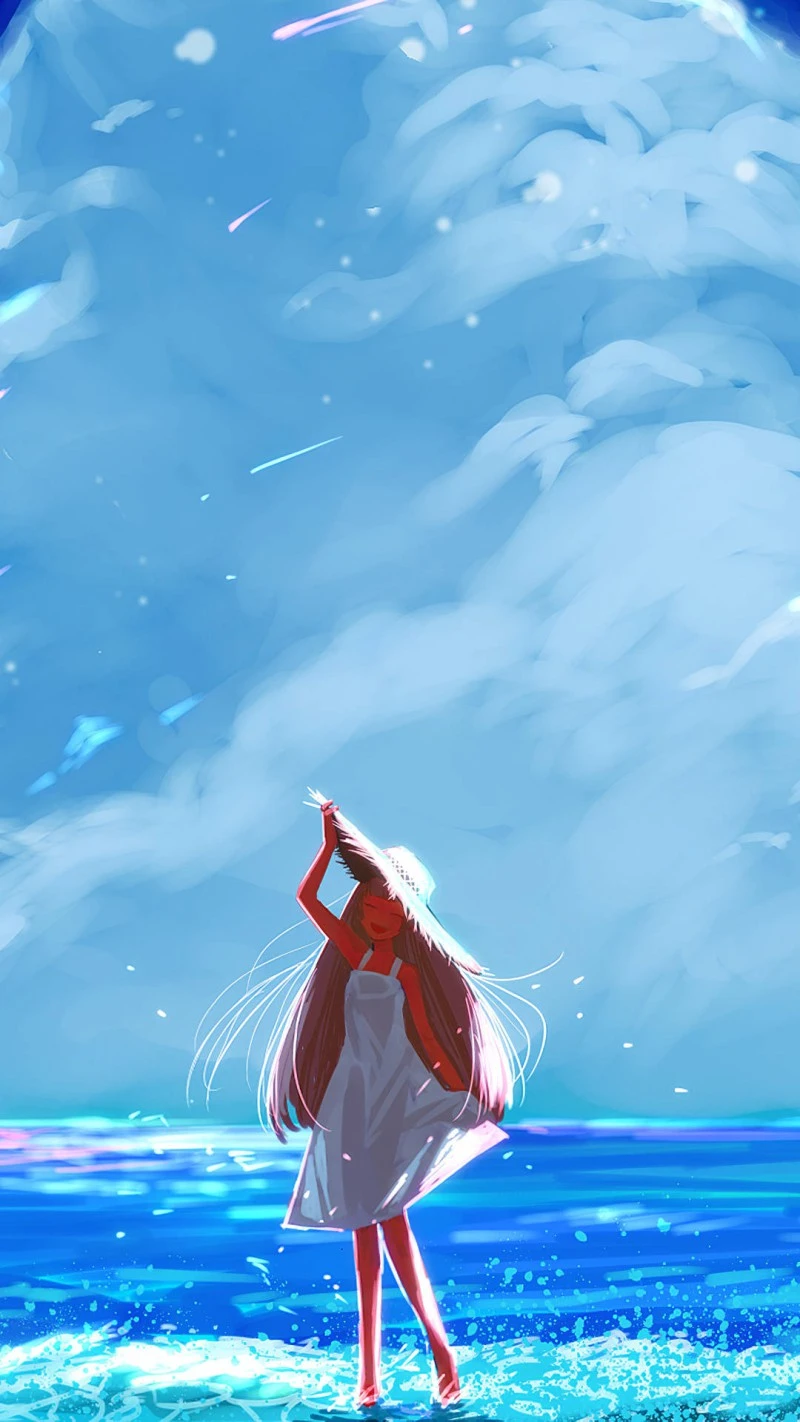Anime Girl on Beach Under a Cloudy Sky 4K Mobile Wallpaper