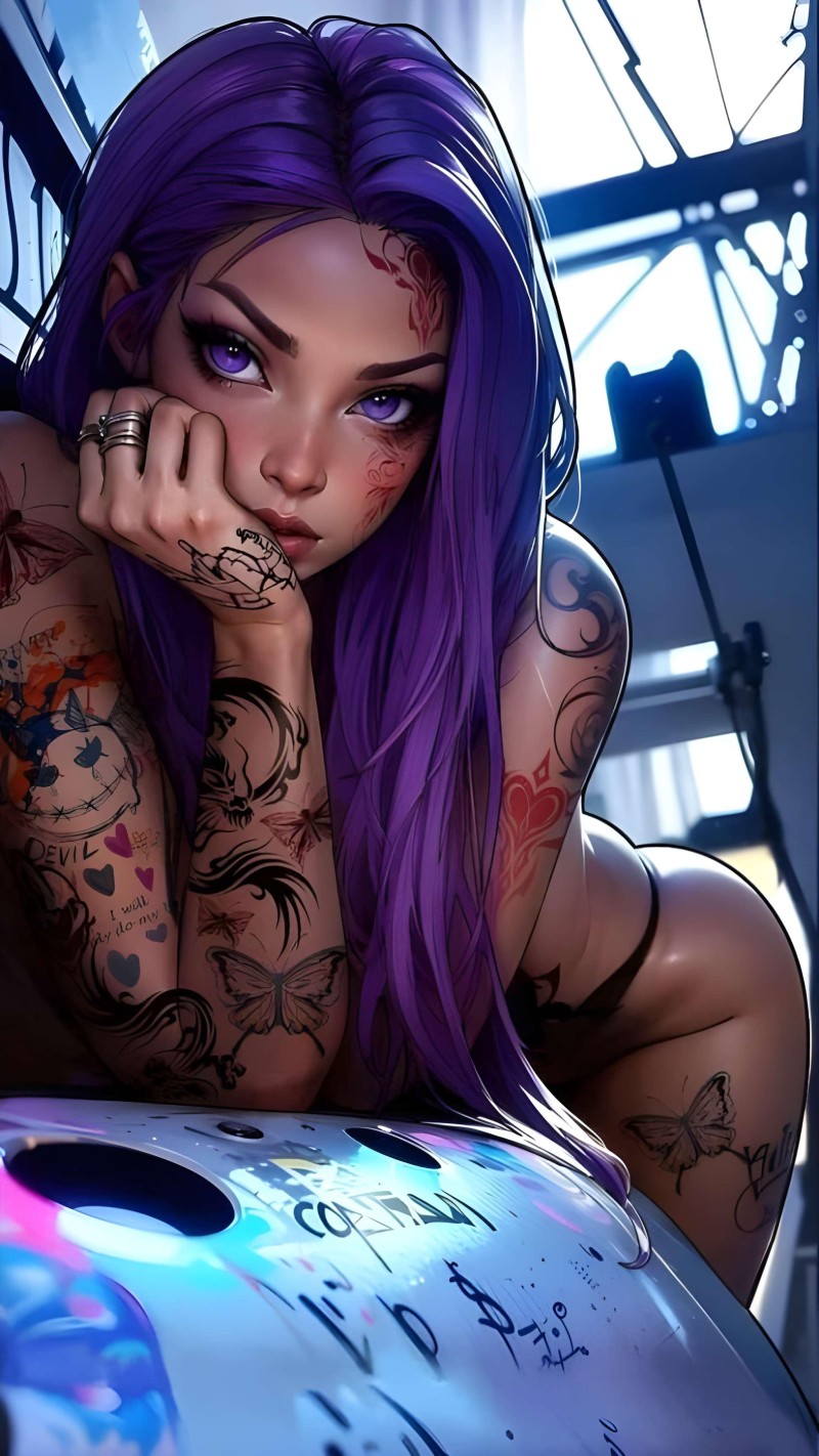 Vibrant Purple Anime Girl with Tattoos Digital Art 4K Digital Wallpaper