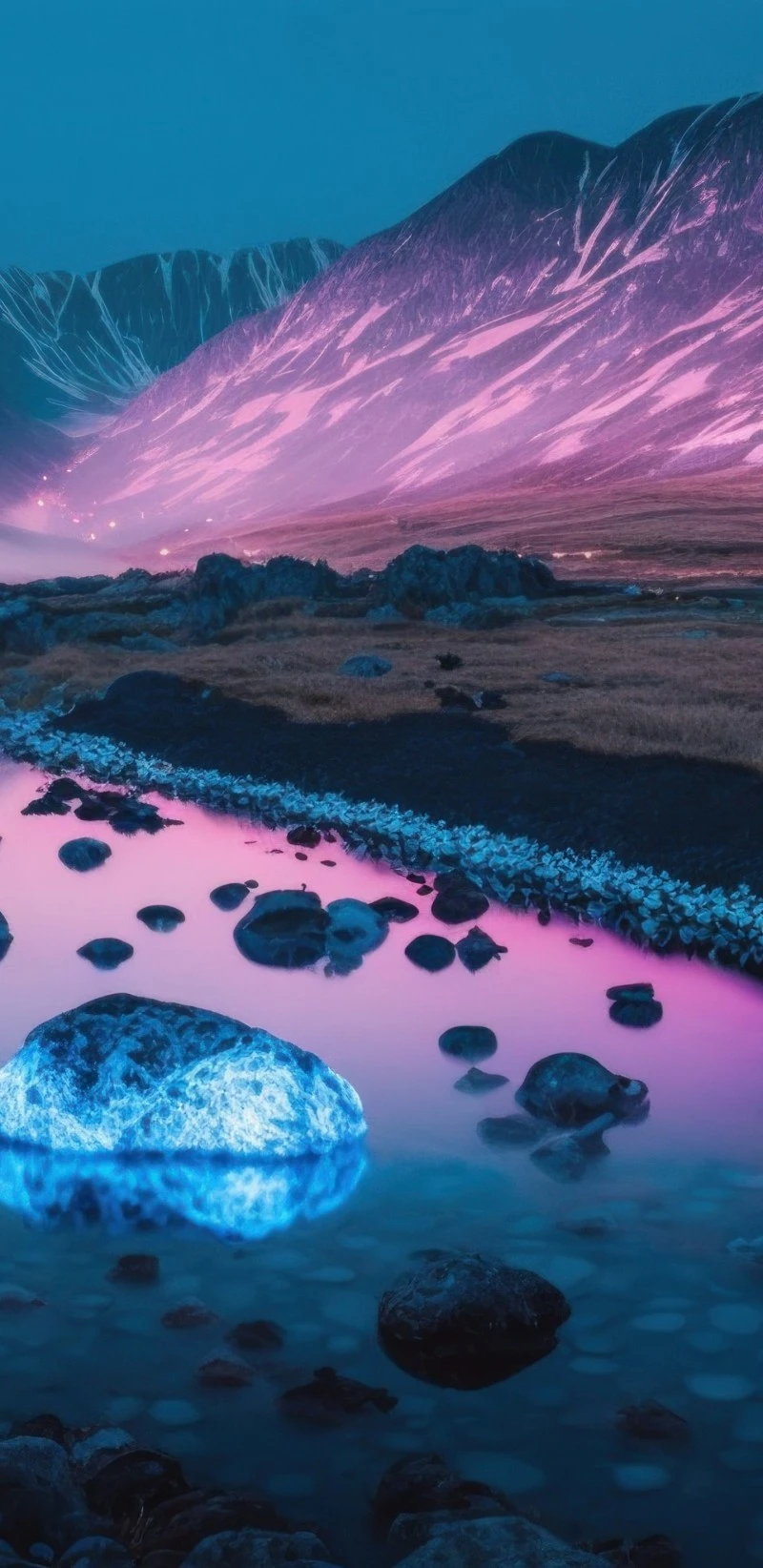 Glowing River and Pink Mountains 4K Mobile Wallpaper