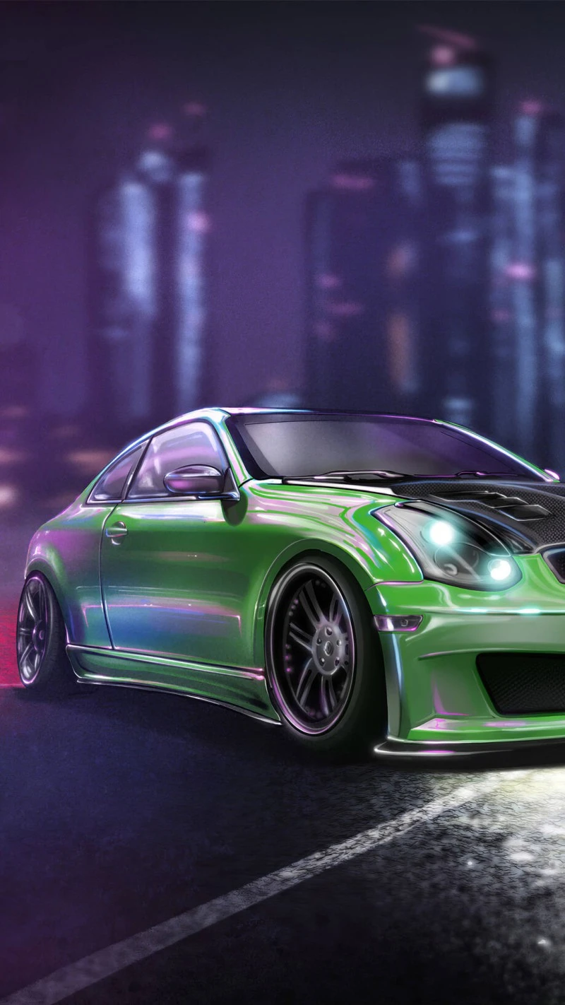Neon Green Tuned Car at Night 4K Mobile Wallpaper