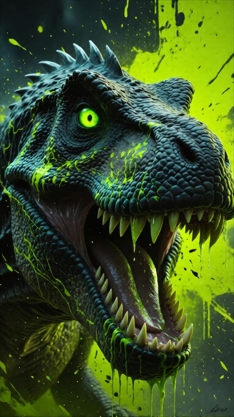Neon Green Dino Artwork with Dark Moody Tones Ending 4K Green Wallpaper