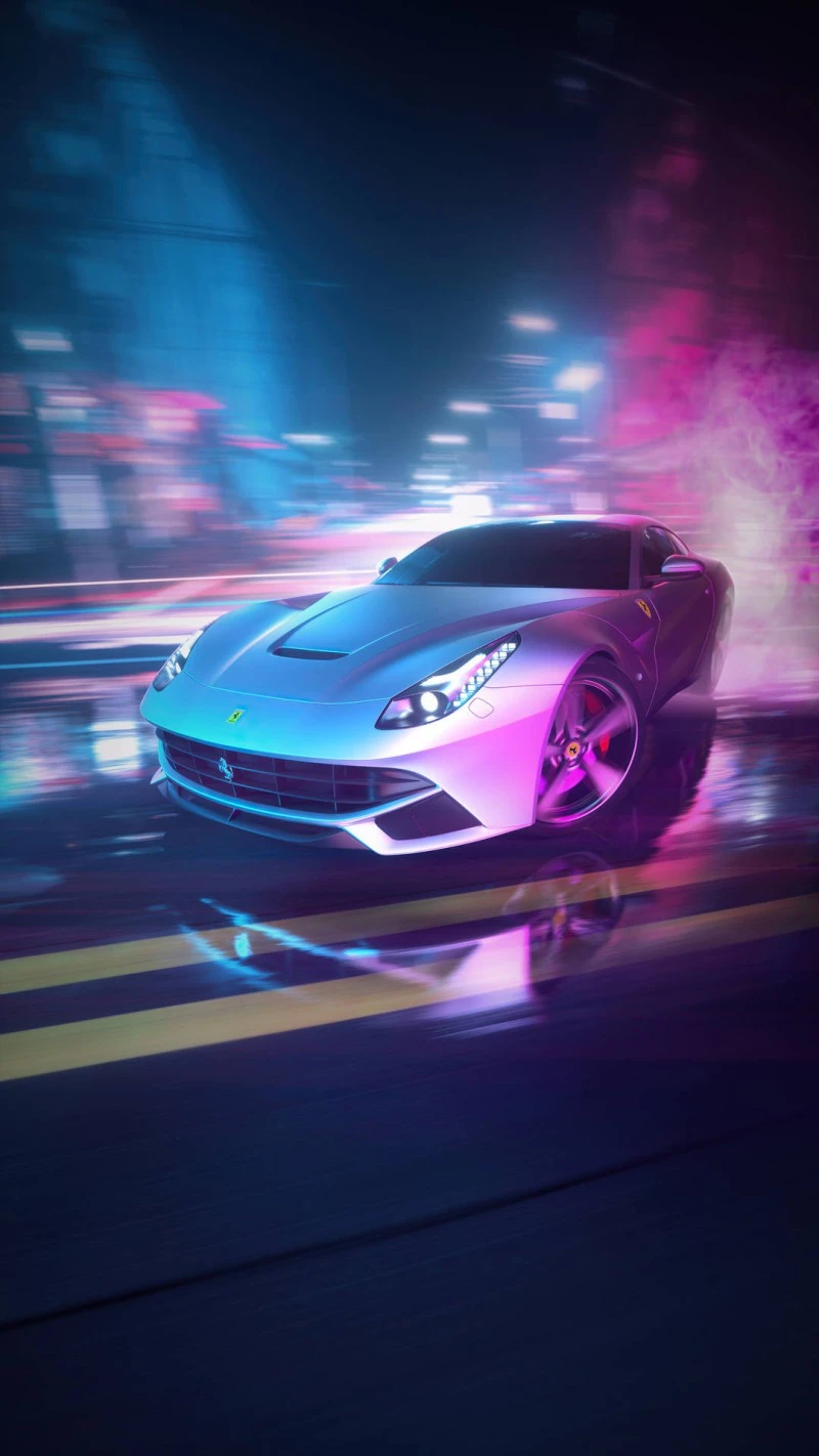 Ferrari Neon City Chase 4K Mobile Wallpaper