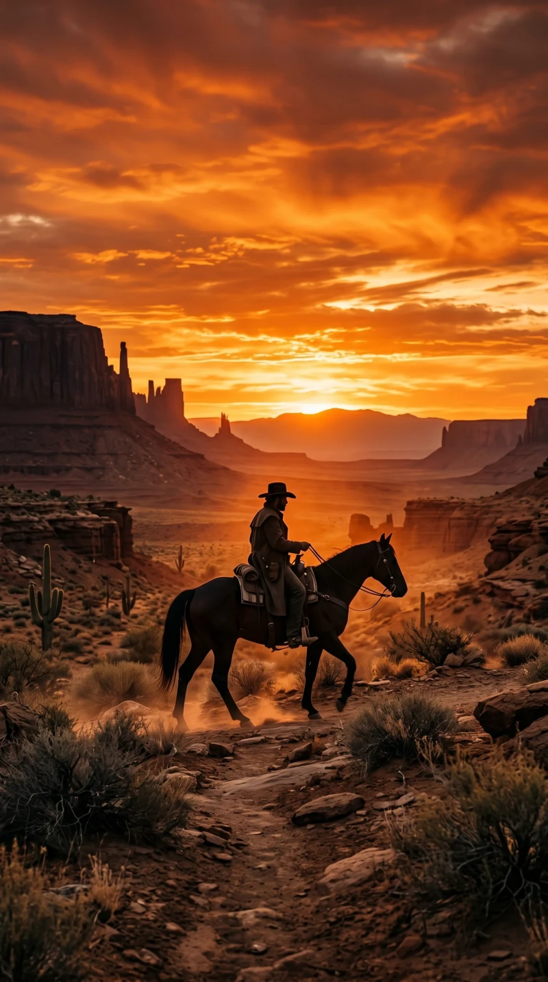 Cowboy riding a horse in a desert landscape at sunset 4K Adventurous Wallpaper