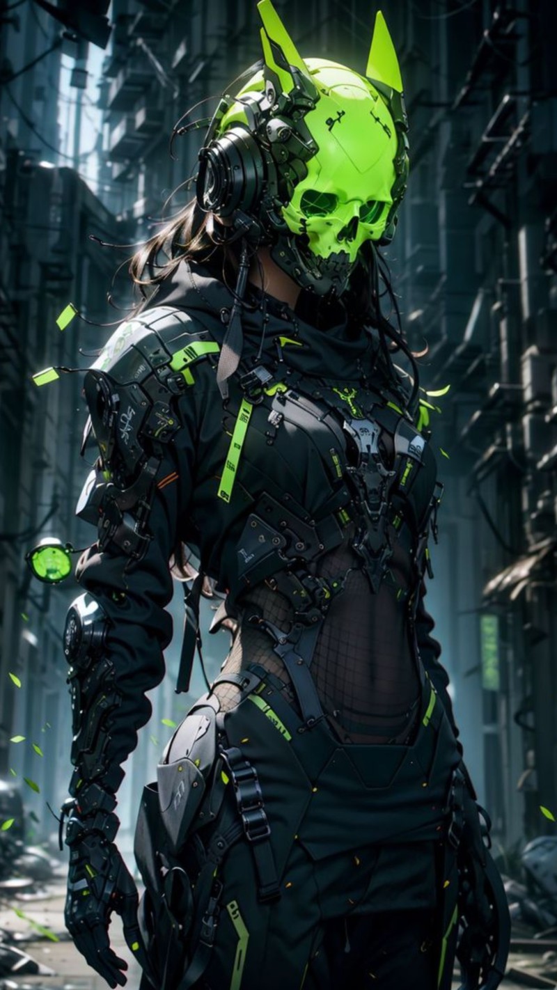 Neon Green Skull Cyberpunk Warrior in Urban Alley 4K Armor Wallpaper