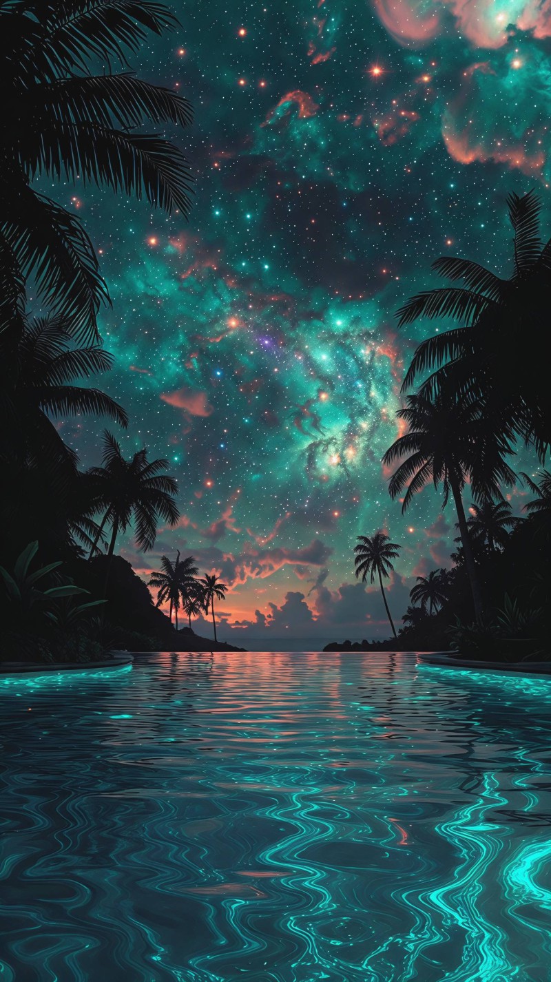 Mystical Nebula Over Tropical Infinity Pool at Dusk 4K Trees Wallpaper