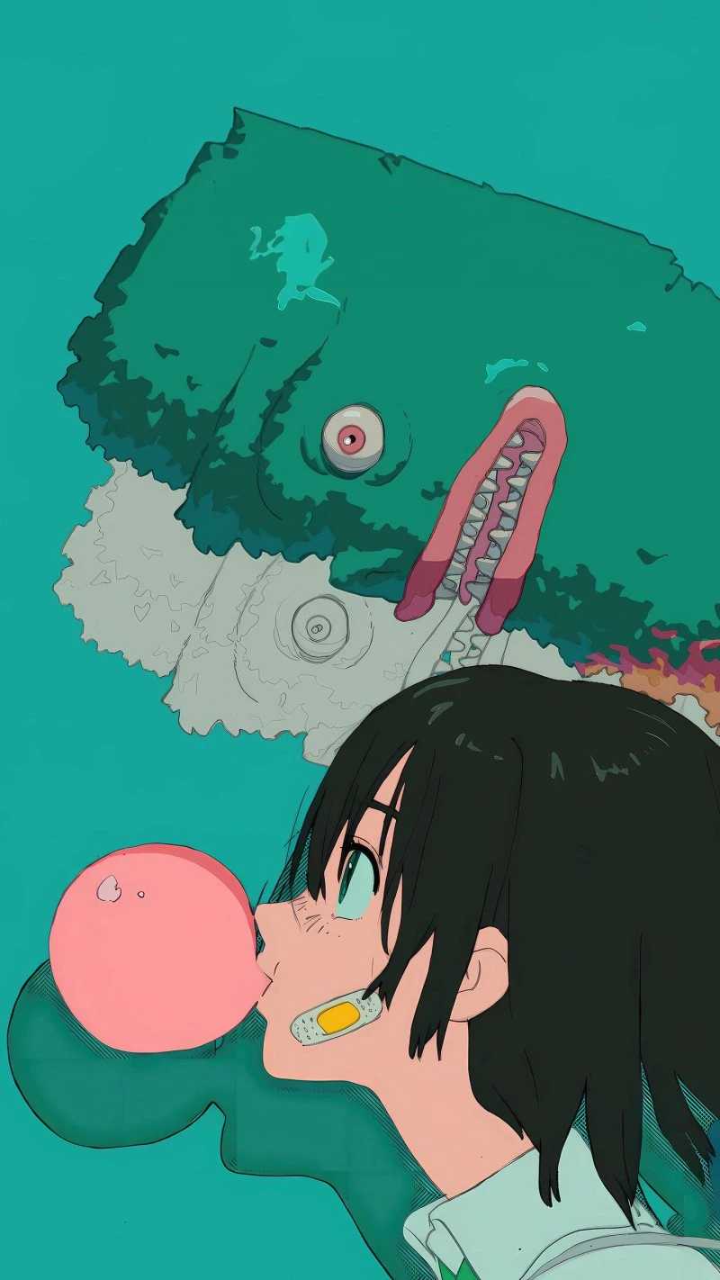 Anime Girl Blowing Bubblegum with Monstrous Creature 4K Mobile Wallpaper