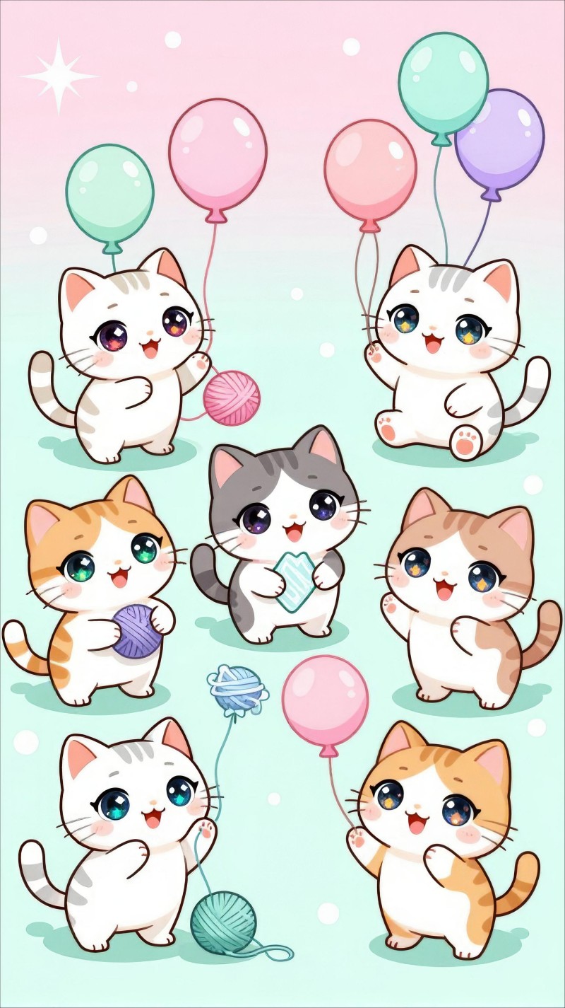 Kawaii Cute Cartoon Cat and Balloon Phone Wallpaper 4K Play Wallpaper