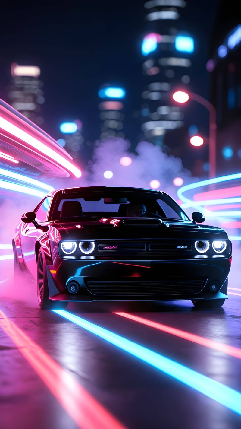 Dodge Challenger Speed Light Trails City Night 4K Lights Wallpaper