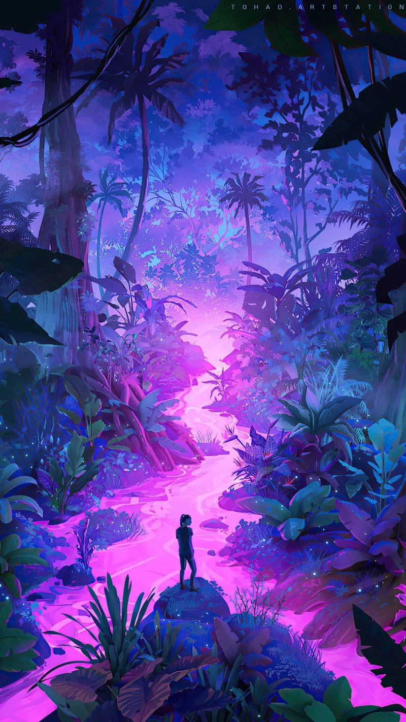 Neon Jungle River 4K Mobile Wallpaper