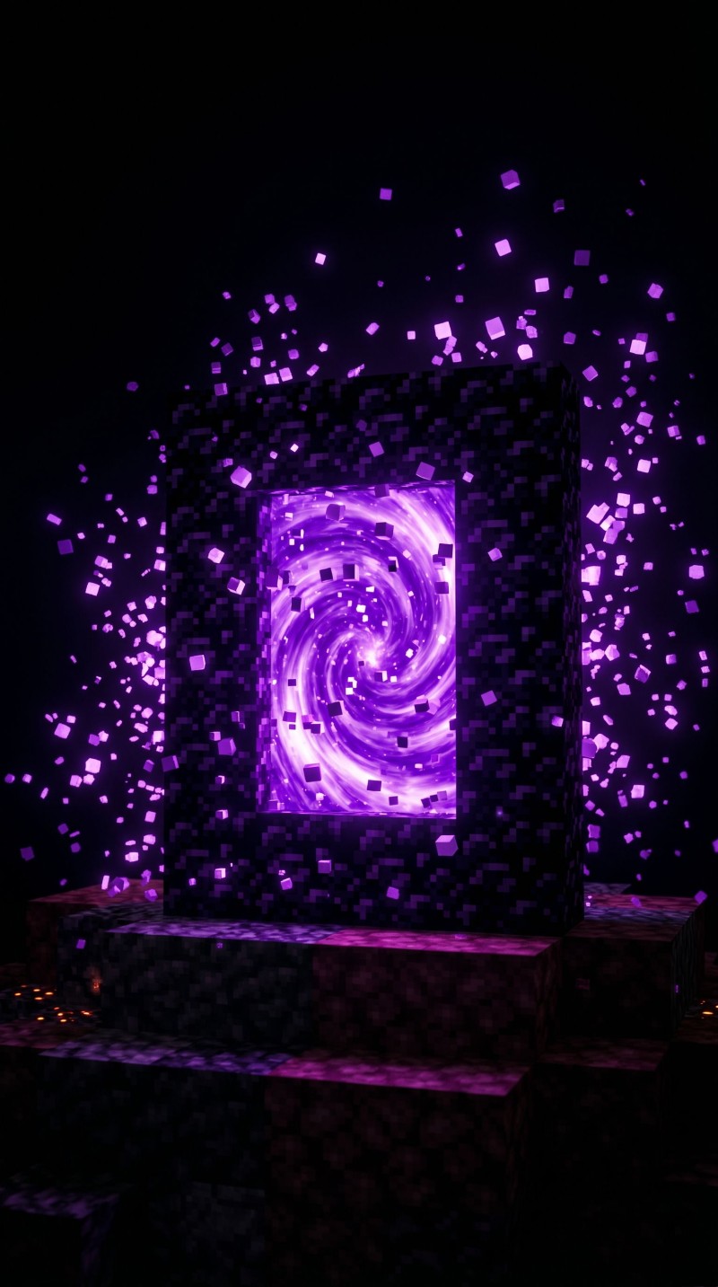 Vibrant Purple Minecraft Nether Portal Glowing with Blocks Style Wallpaper 4K Mobile Wallpaper