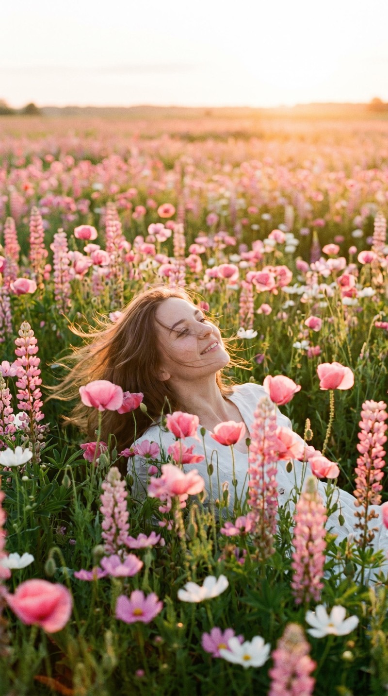 Smiling Woman Enjoying a Breathtaking Flower Meadow at Dusk 4K Scene Wallpaper