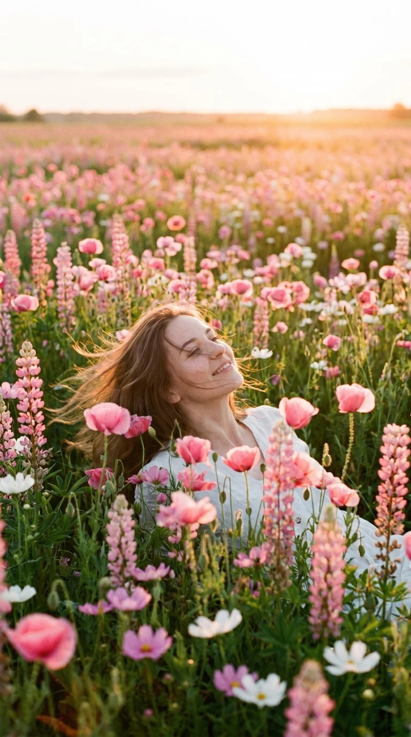 Smiling Woman Enjoying a Breathtaking Flower Meadow at Dusk 4K Mobile Wallpaper