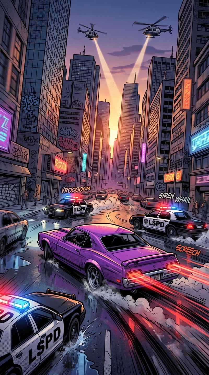 Vibrant GTA Style Cityscape with Police Cars and Helicopters Wallpaper 4K Mobile Wallpaper