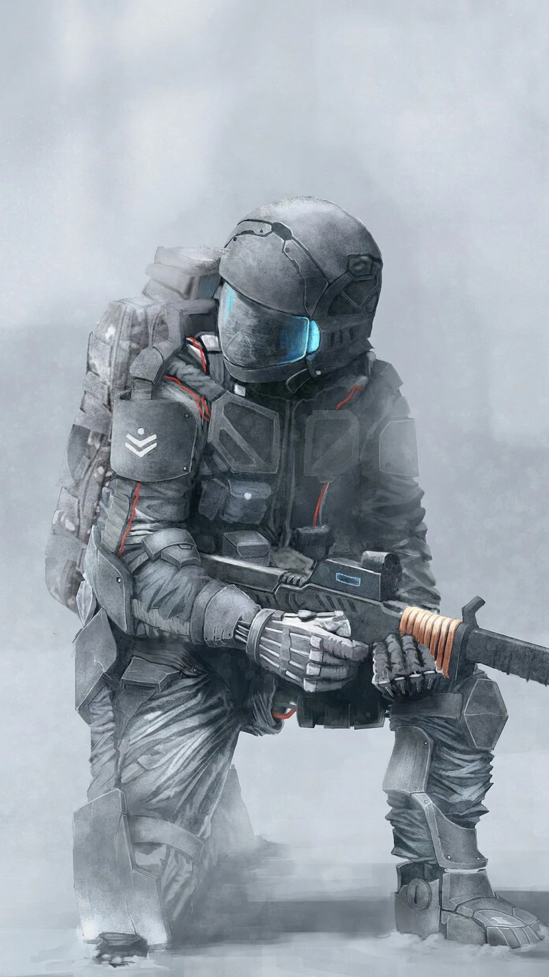 Futuristic Soldier in Misty Landscape 4K Mobile Wallpaper