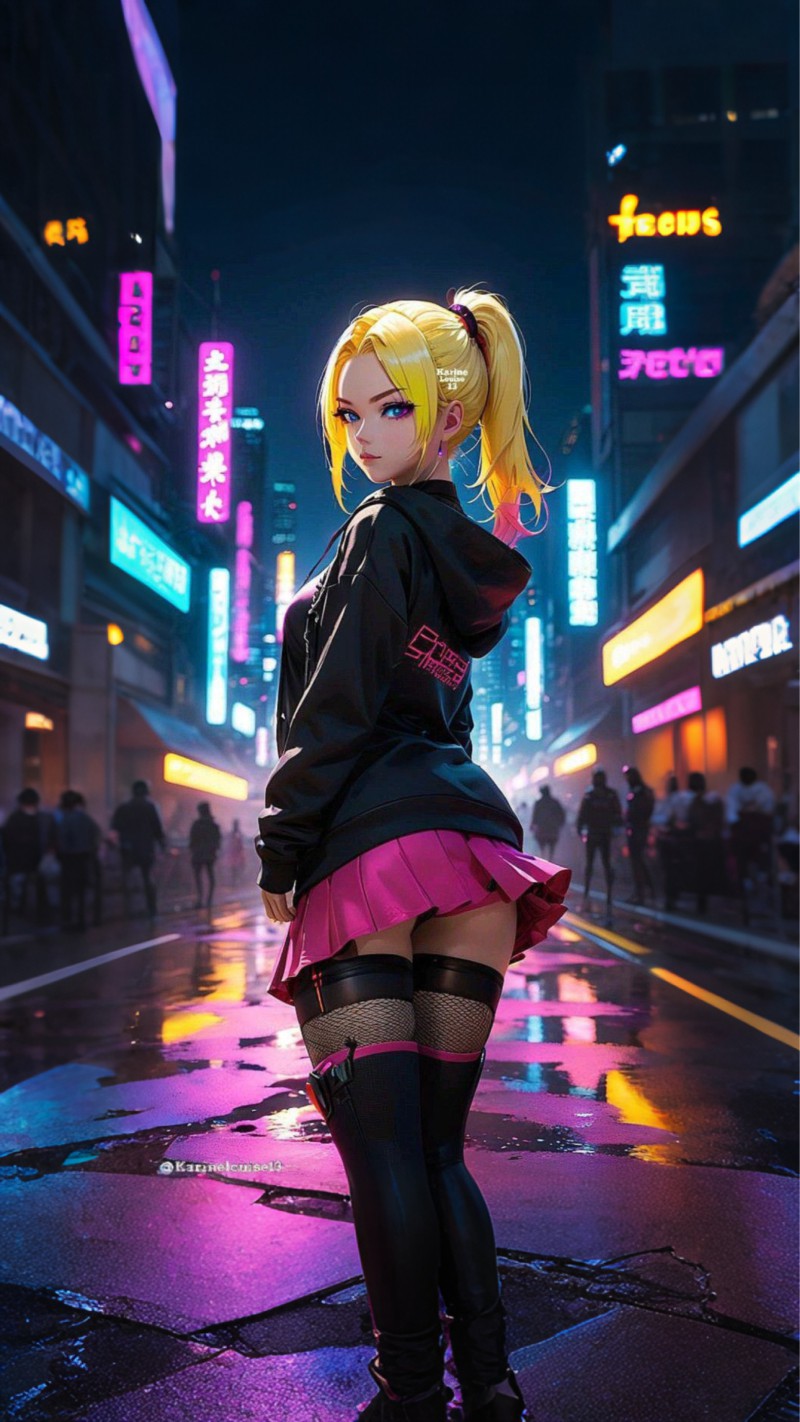Blonde Anime Girl in Pink Skirt Cyberpunk City 4K Ash Wallpaper