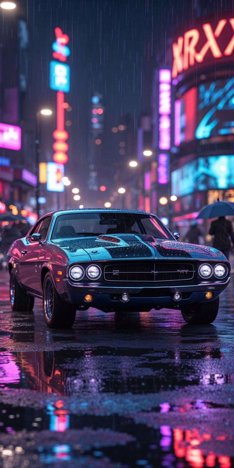 AI-Generated Cyberpunk Cityscape with Classic Car 4K Mobile Wallpaper