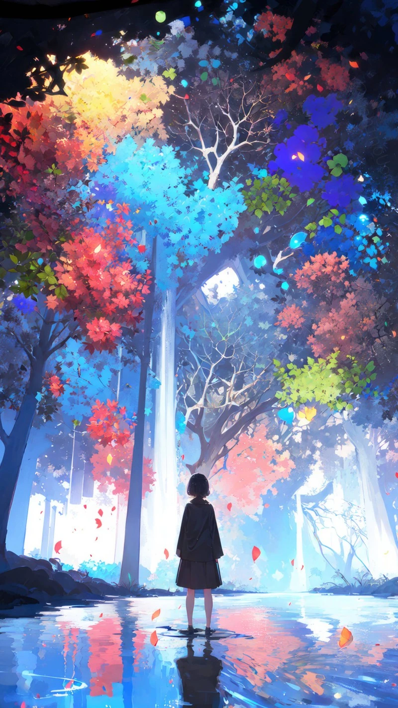 Anime Girl in a Colorful Forest 4K Mobile Wallpaper
