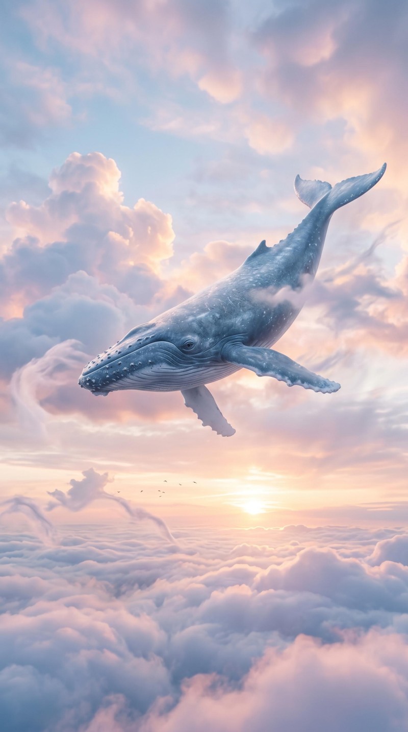 Majestic Gray Whale Soaring Through Cloudy Skies at Sunset 4K Flying Wallpaper