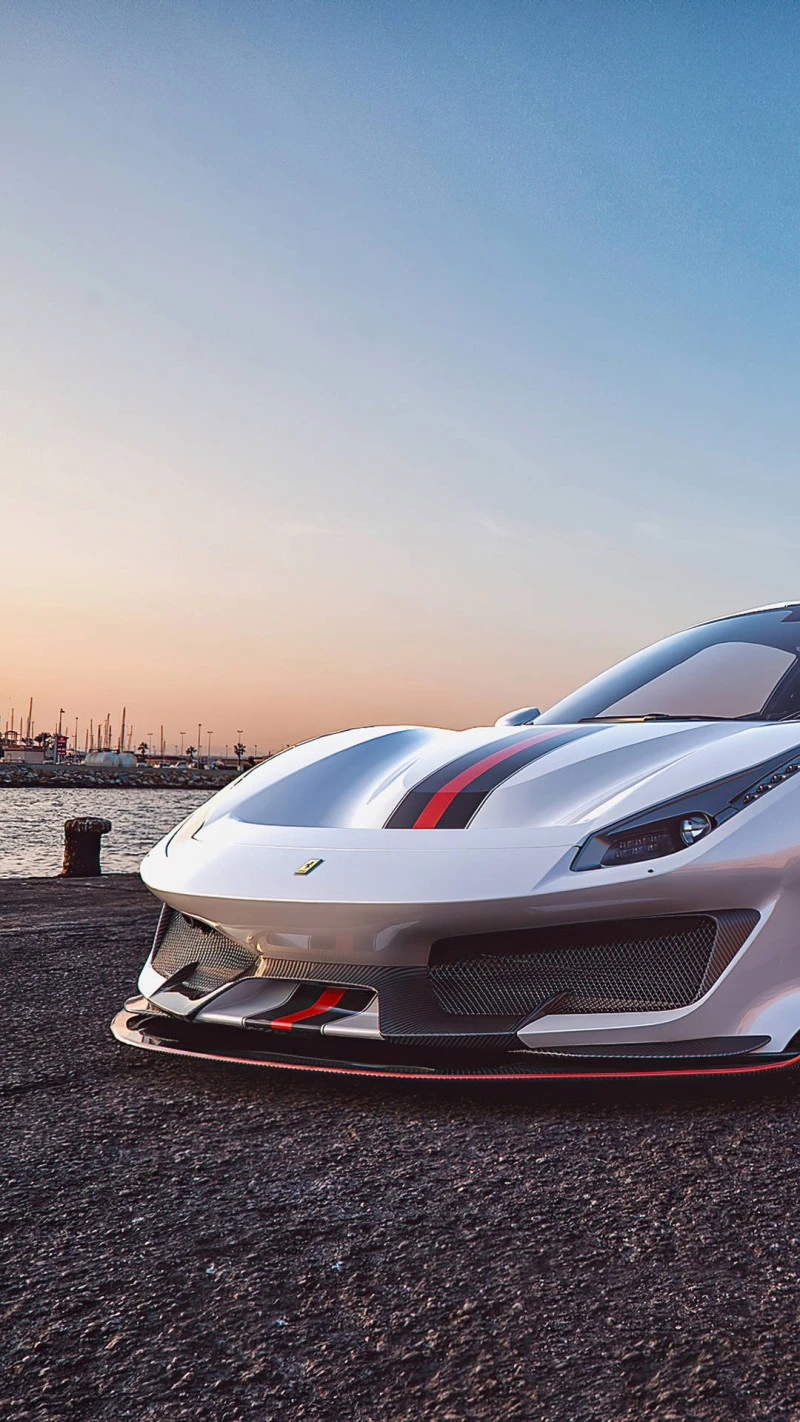 White Ferrari at Sunset 4K Mobile Wallpaper