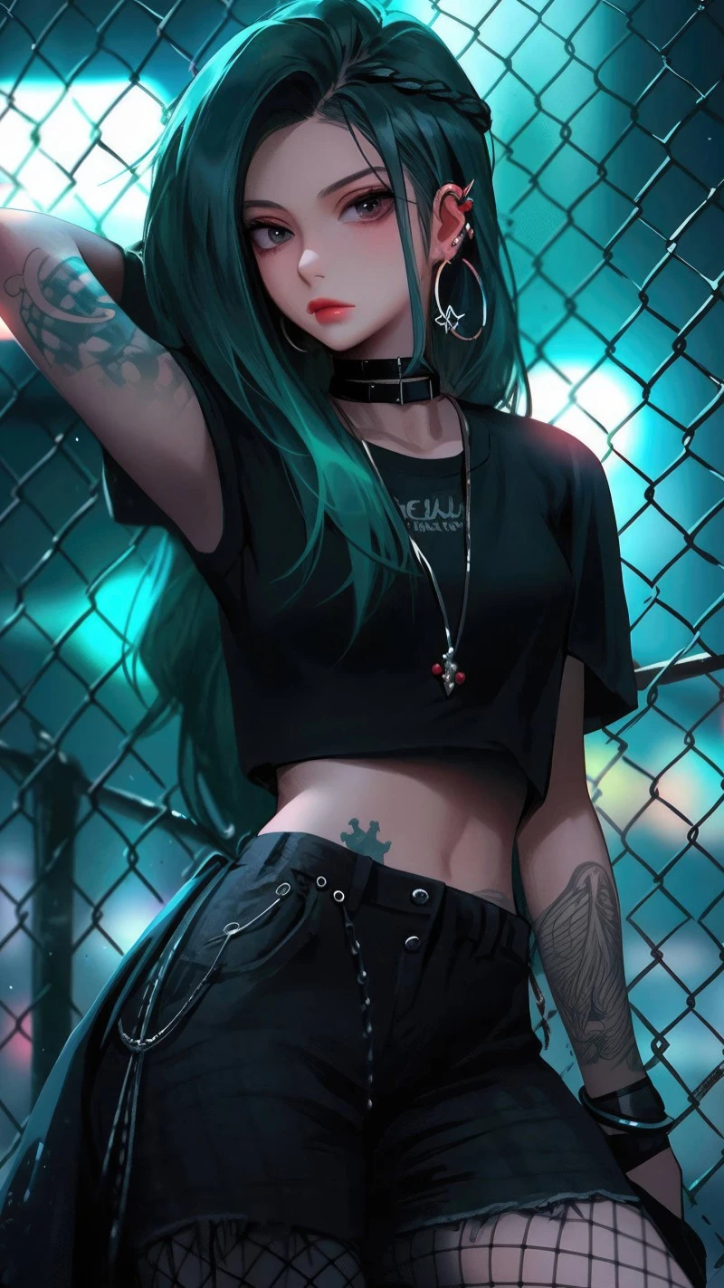 Anime Girl with Green Hair and Tattoos 4K Mobile Wallpaper