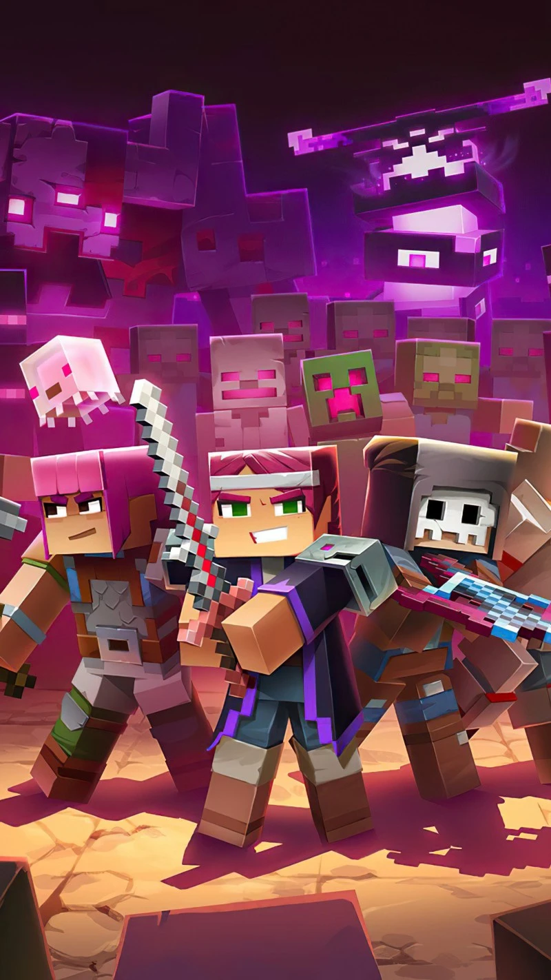 Minecraft Characters in a Battle 4K Mobile Wallpaper