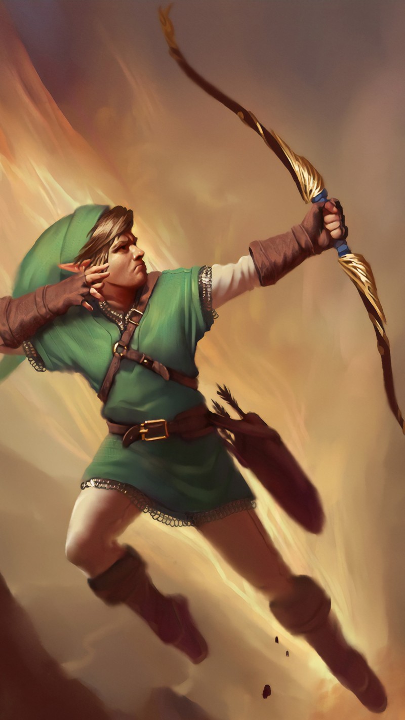 Epic Green Hero Aims Golden Bow in Fiery Action Scene Wallpaper 4K Mobile Wallpaper