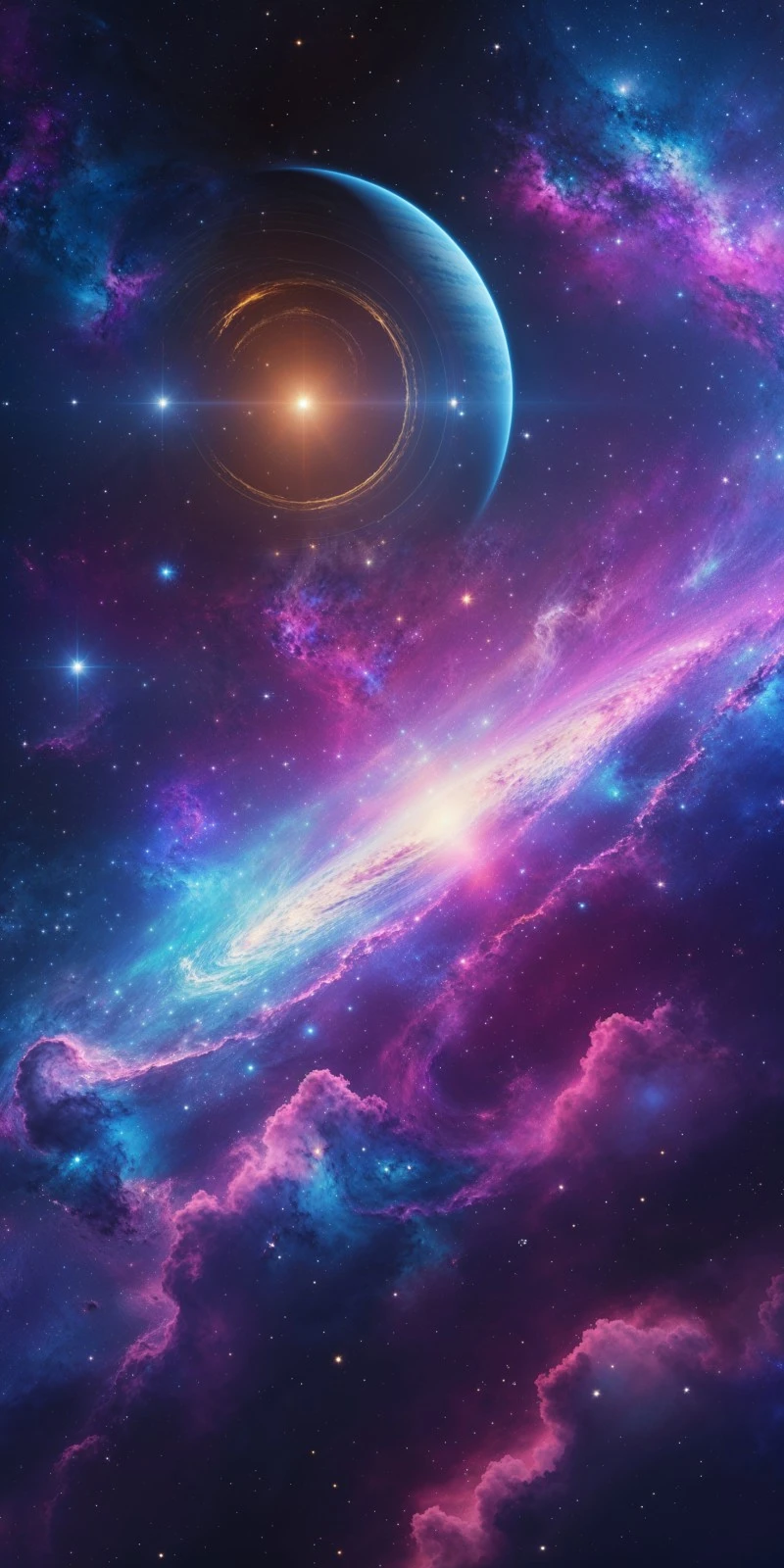 Ringed Planet in a Cosmic Nebula 4K Mobile Wallpaper
