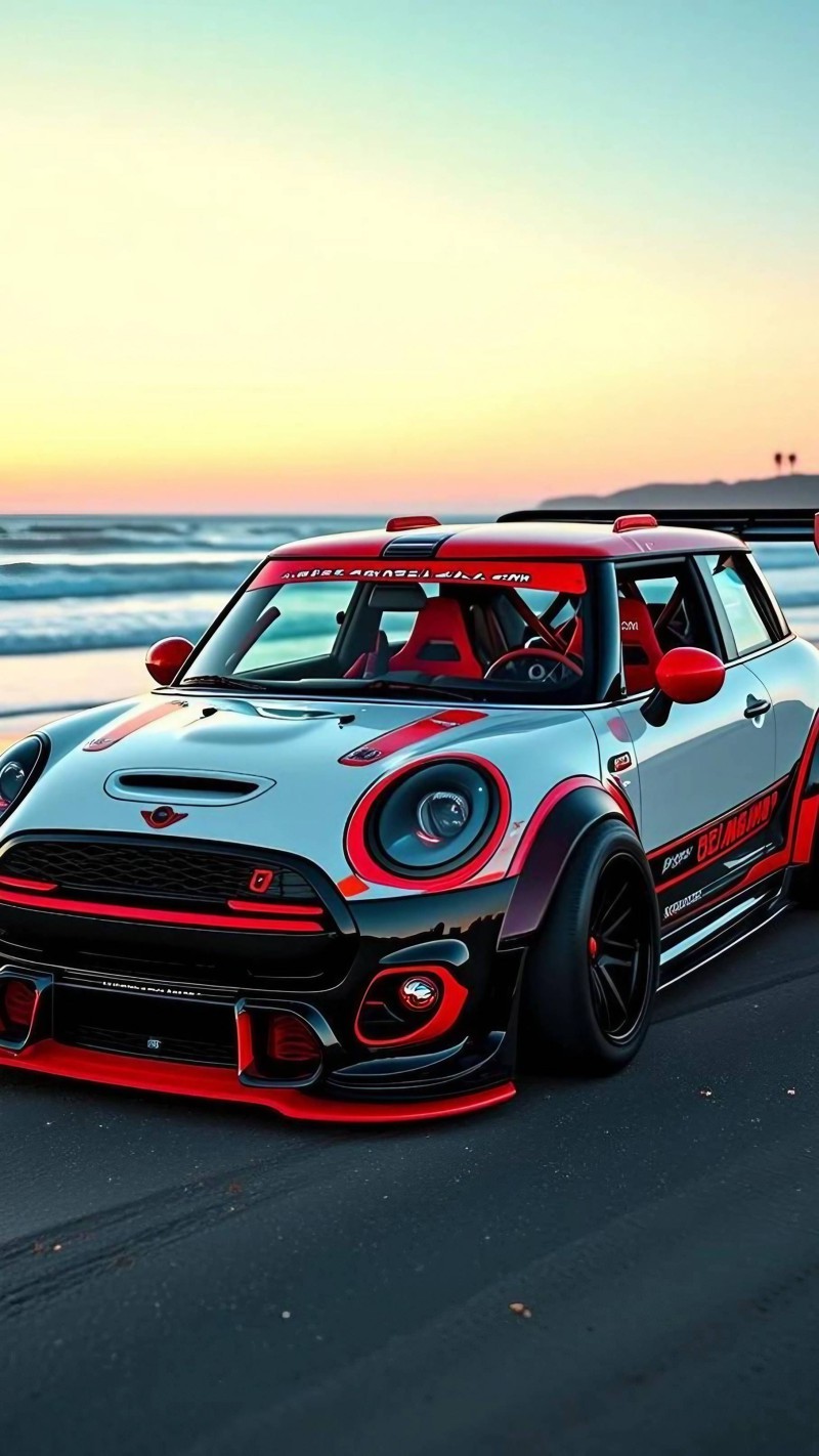 Sunset Beach Mini Cooper Widebody Custom Car Wallpaper 4K Drive Wallpaper