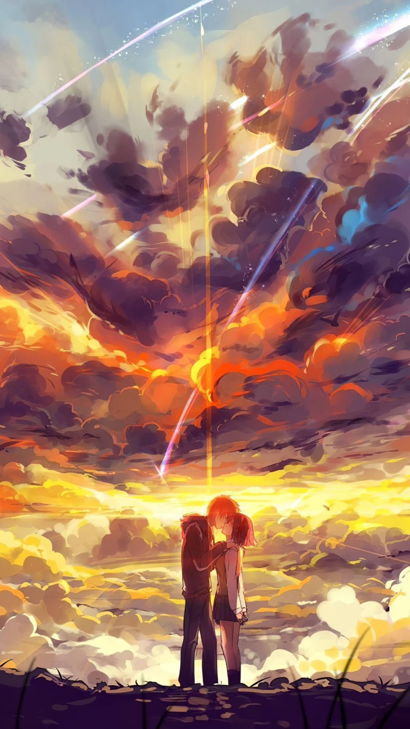 Anime Couple Under Meteor Shower 4K Mobile Wallpaper