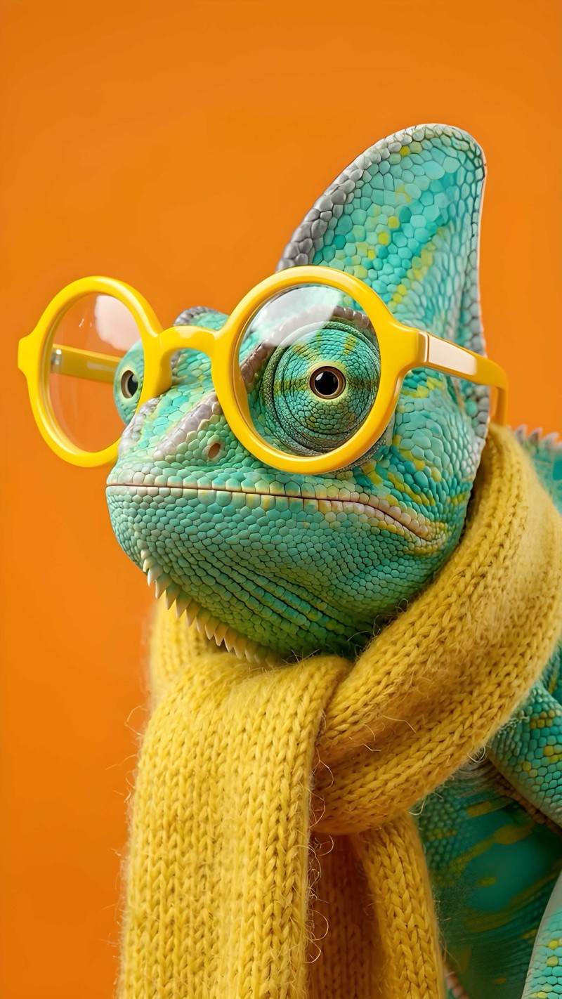 Quirky Green Chameleon Wearing Glasses and Scarf Portrait 4K Pet Wallpaper