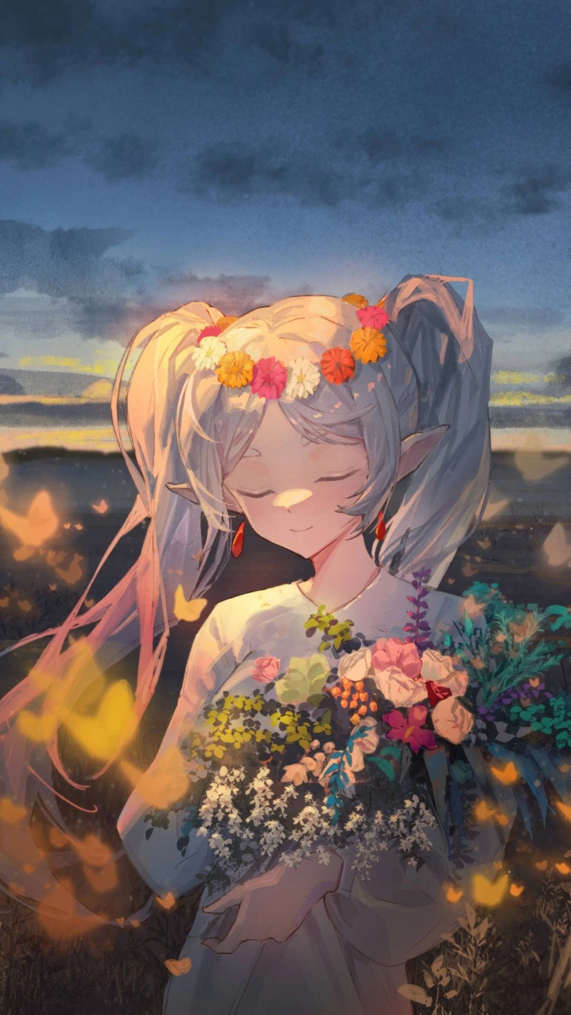 Anime Elf with Flowers 4K Mobile Wallpaper